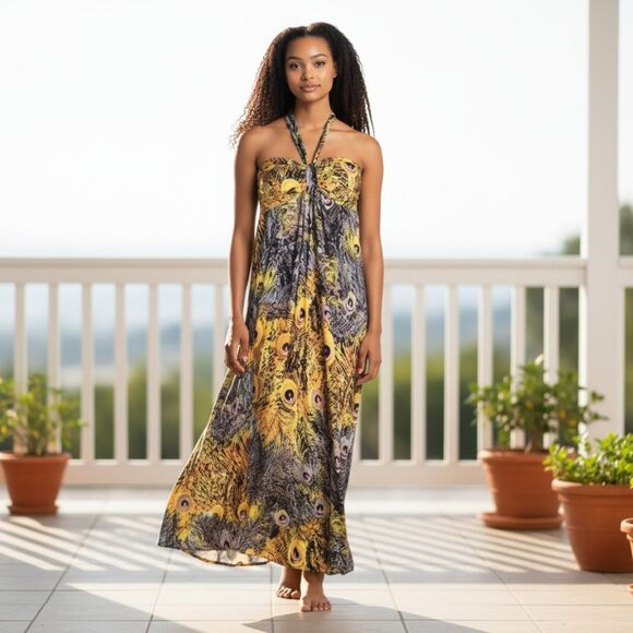 Womens Blue and Gold Peacock Feather Pattern Maxi Halter Dress Med - Picture 1 of 6